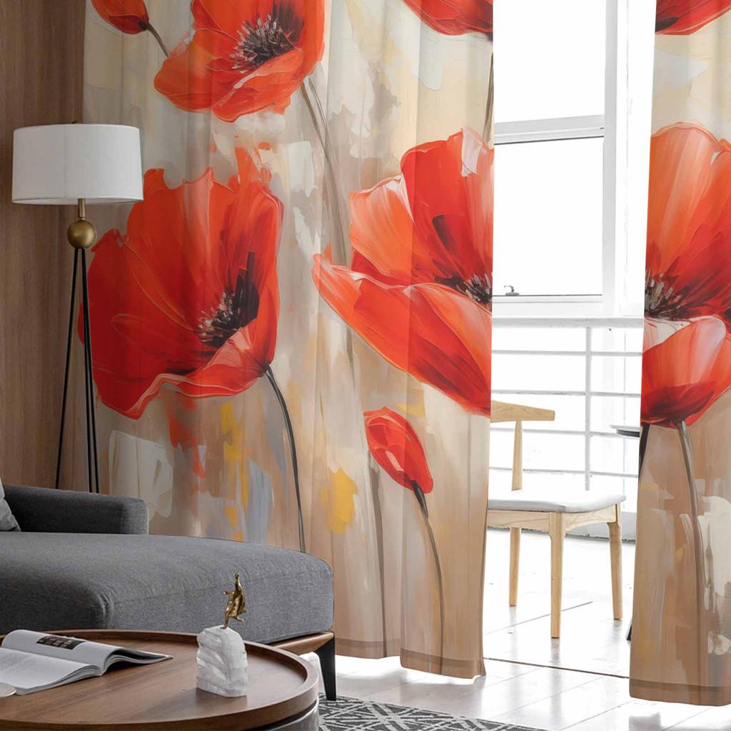 Spring Watercolor Hand-Painted Poppy Plant Tulle Window Curtains for Bedroom Luxury Home Drapes In Living Room Chiffon Panels