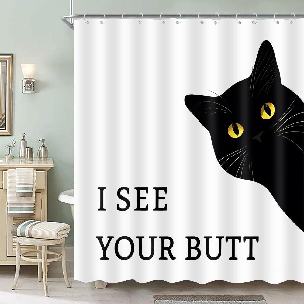 Funny Cat Shower Curtain Set Lovers for Bathroom Decor Farm Kids Bath Curtains with 12 Hooks  I See Your Butt Themed