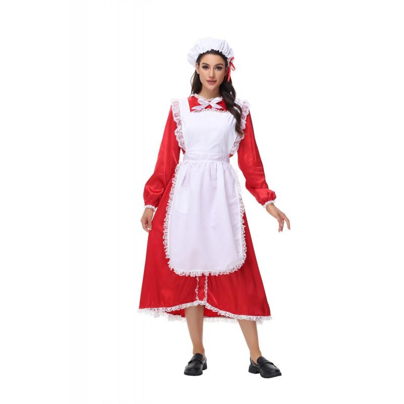 Christmas Cosplay Maid Costume Red Long Dress Cute Xmas Outfit Game Anime Role Play