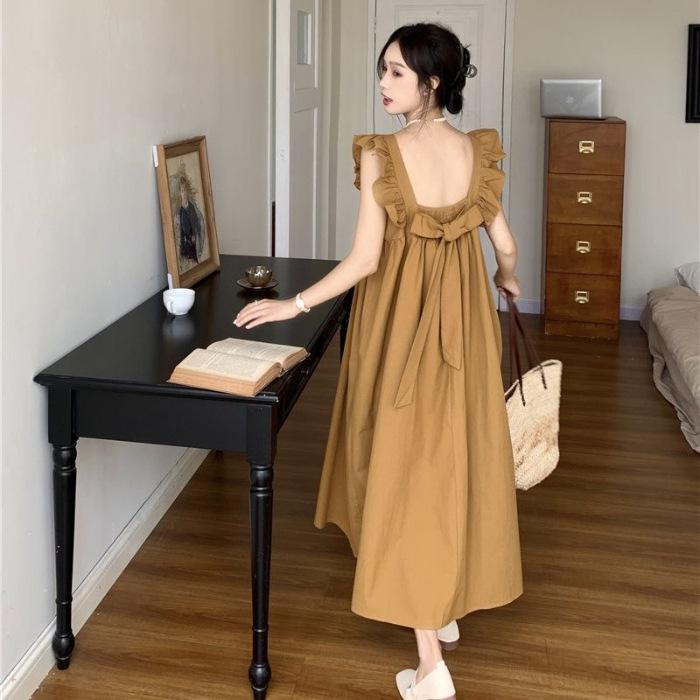 

French temperament backless flying sleeves bow strap dress summer new age-reducing, meat-covering and thin a-word skirt 2XL коричневий