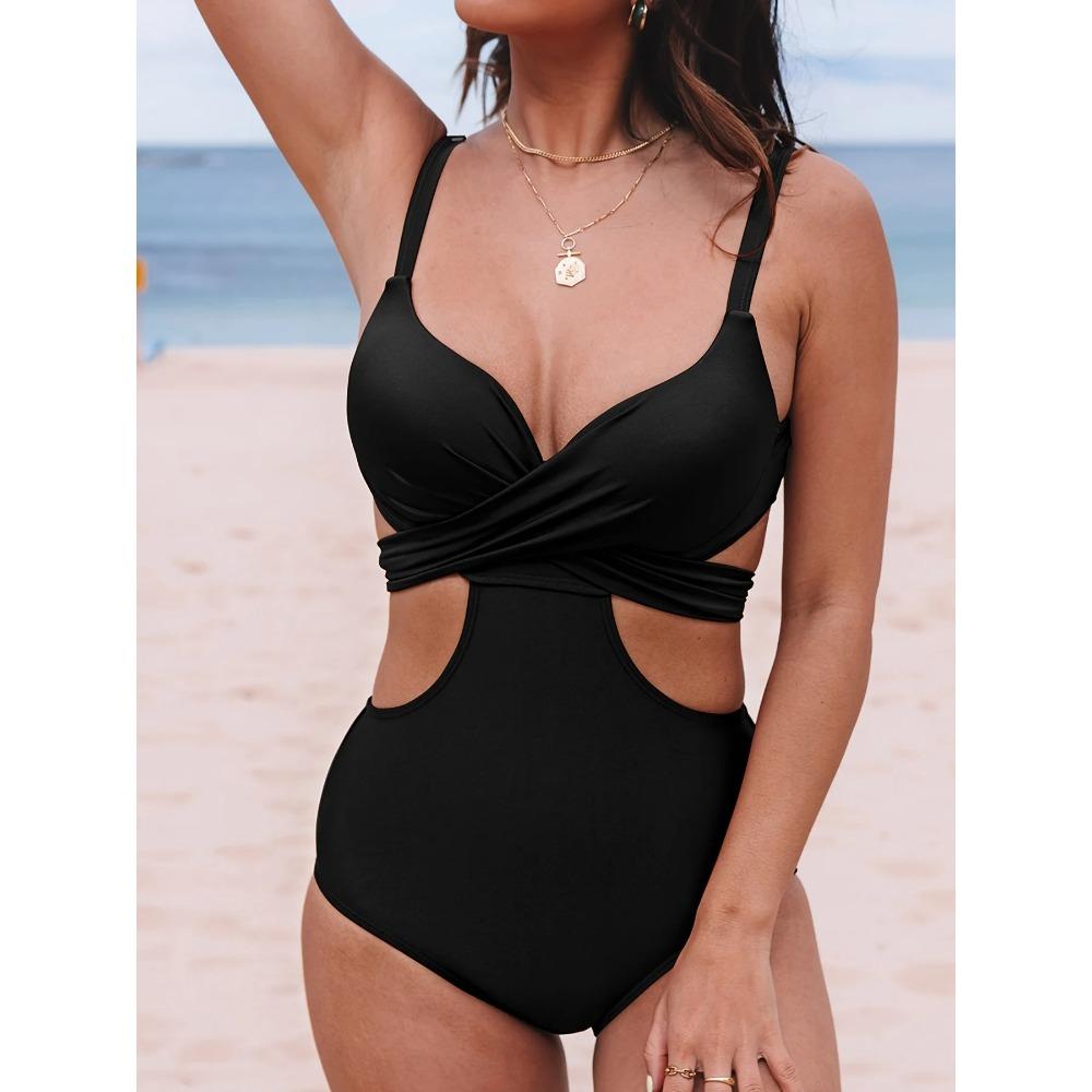 Costume da bagno intero da donna a tinta unita, slim-fit, caratterizzato da un incrocio profondo a V e un design cut-out, che mette pienamente in mostra eleganza e sensualità.