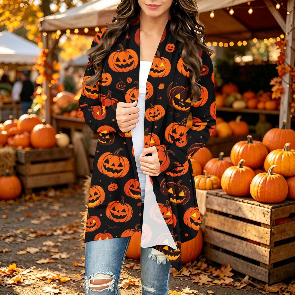 Damen Trendy Halloween-Print Langarm-Strickjacke Pullover für Lässige Herbstmode