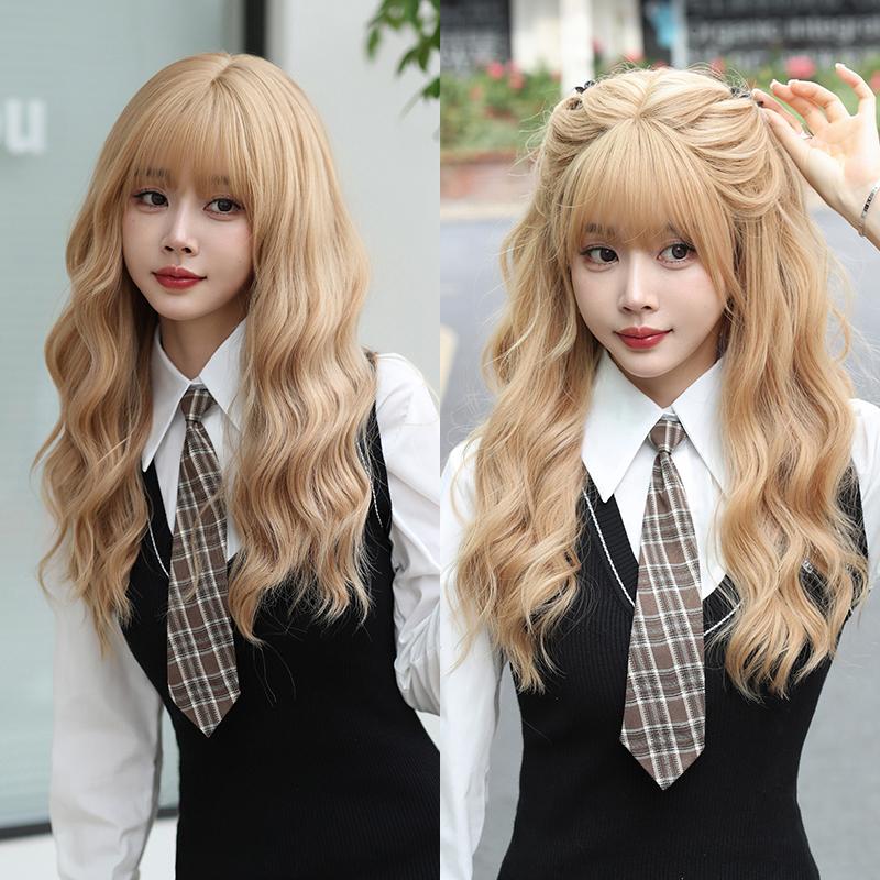 Professional  WIGS Long Body Wavy Sakura Pink Wig for Sweet Girl High Density Synthetic Loose Curly Hair Wig with Bangs Beginner Friendly