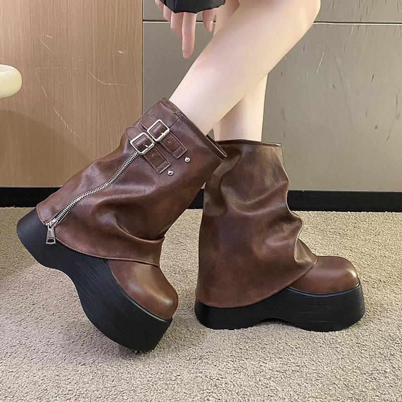 Fashion 2025 Women's Leather Ankle Boots Autumn Winter 9cm Heels Chunky Sneakers Short Boots Woman Zip Motorcycle High Platform Botas