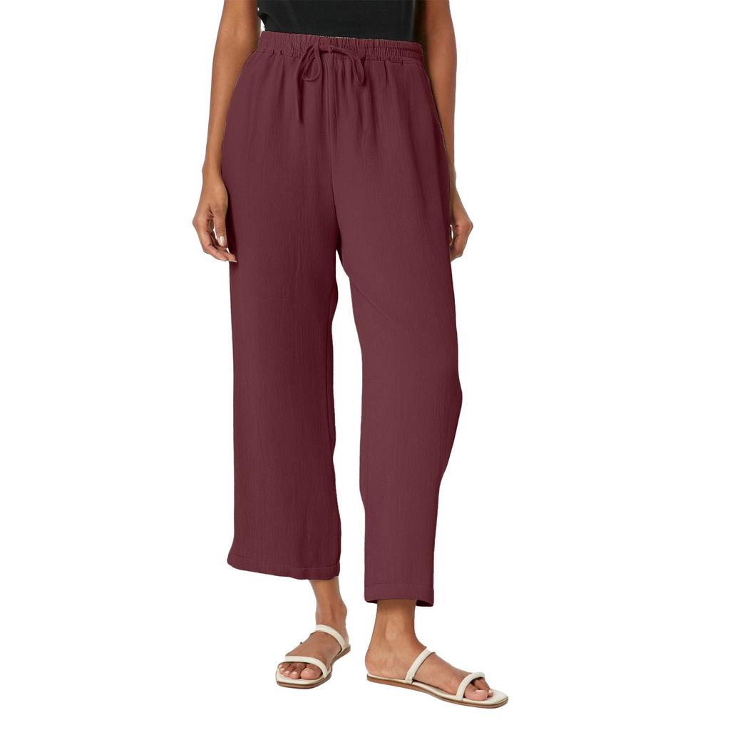 Dámské jednobarevné bavlněné a lněné kalhoty s kapsami a elastickým pasem, volnočasové kalhoty