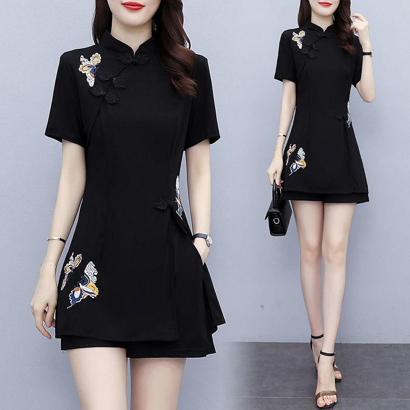 

Women s Suit Chinese Style Clothes Two Piece Sets Summer Crop Top and Shorts Retro Cheongsam Outfits Matching for Women 3XL чорний