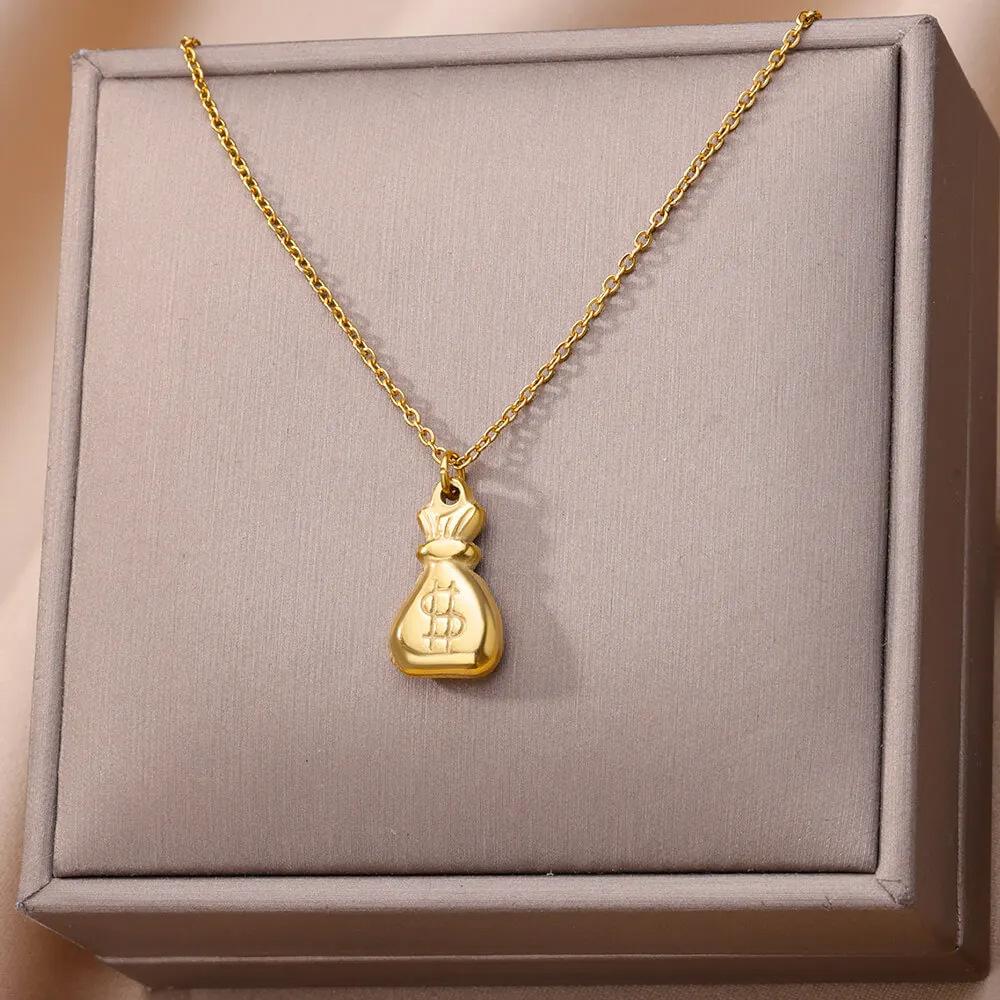 Hot-selling Money Bag Pendant Necklace Women's Titanium Steel Gold-plated Non-fading Jewelry Retro Rich Pendant Gold-plated
