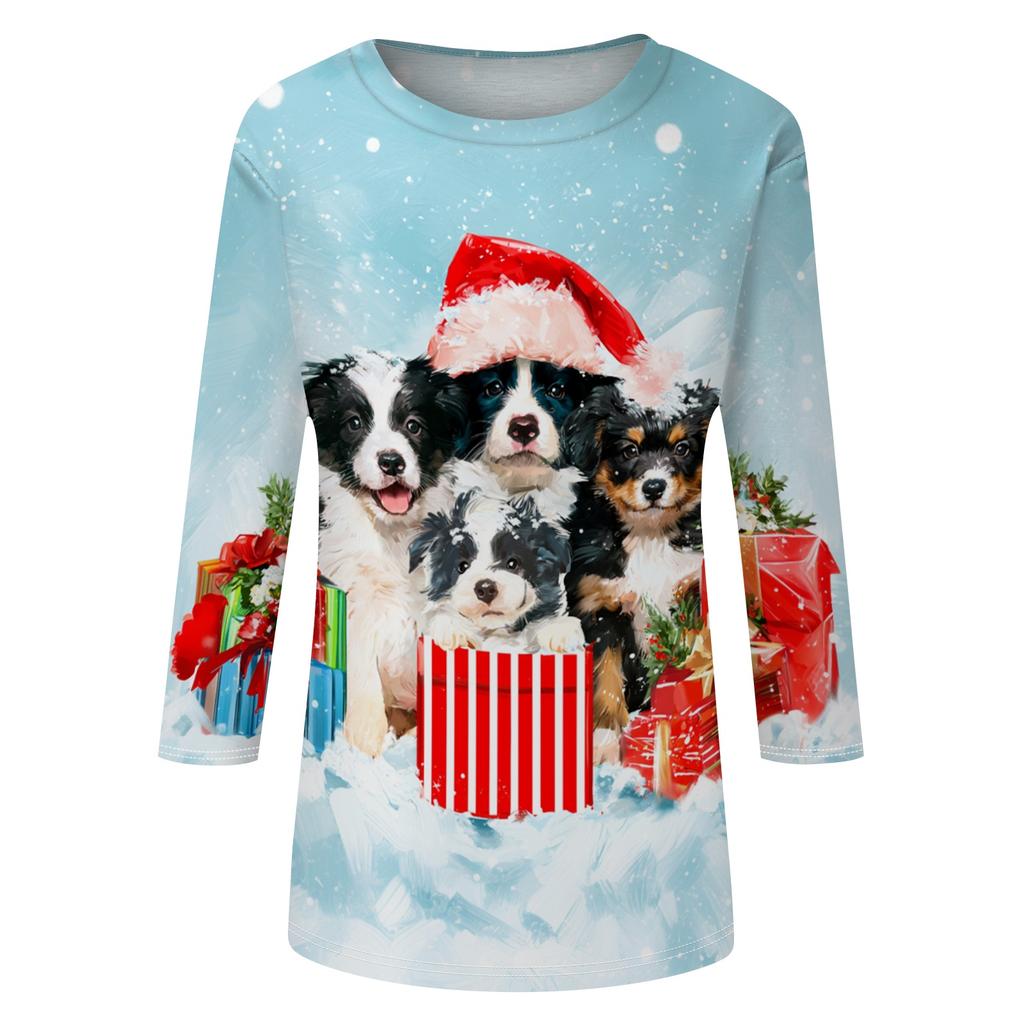 Damen Lässiges Weihnachts-Print-Oberteil mit Dreiviertelärm