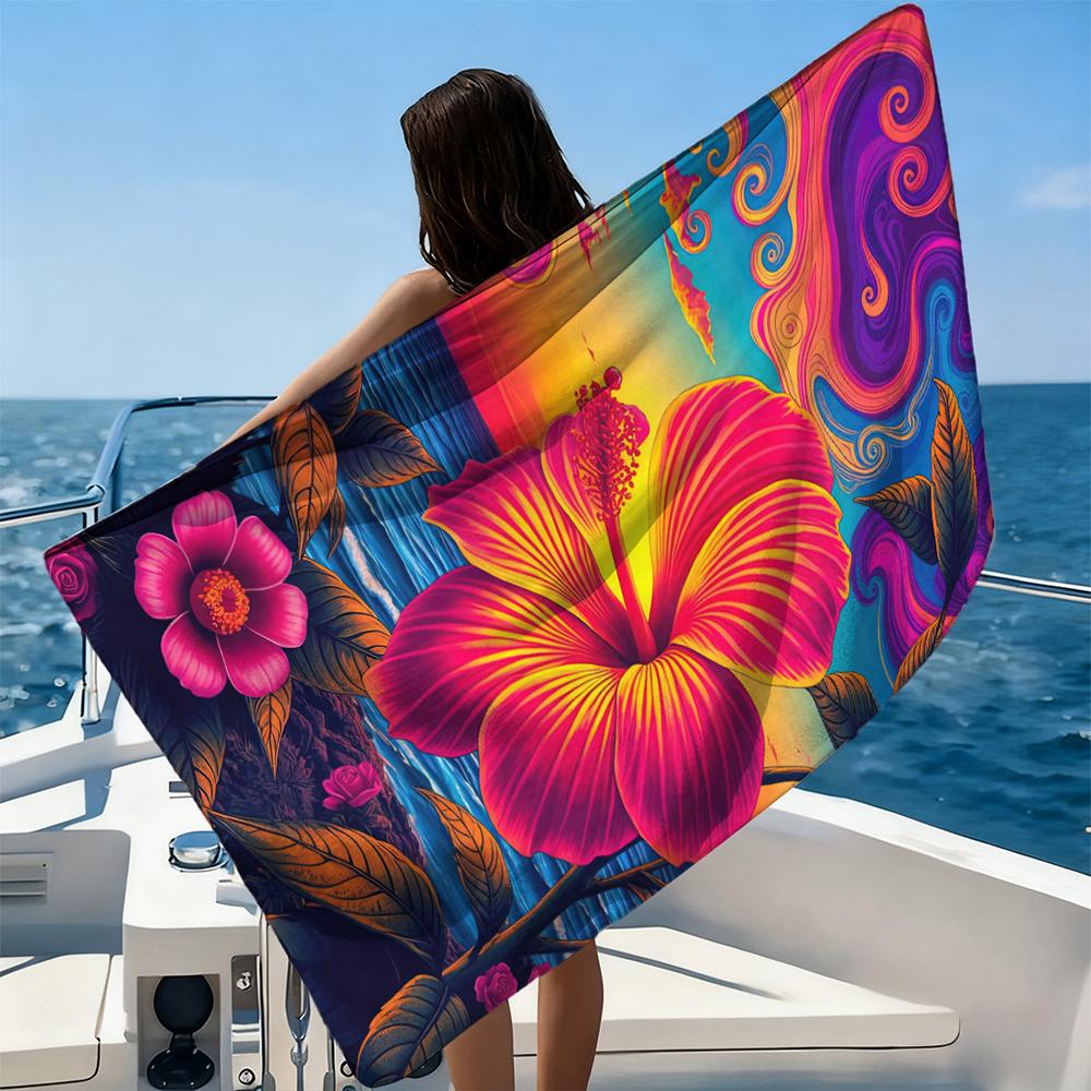Bright Sunset Hibiscus Swirl Psychedelic Print Beach Towel Quick Dry Lightweight Outdoor Swim Travel Picnic Yoga Pool Usage