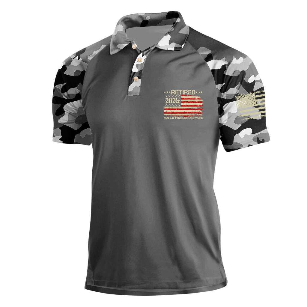 Men’s Polo Shirt Digital Camo Print with Short Sleeves Button Collar Embroidered Chest and Sleeve Flag Graphic Design