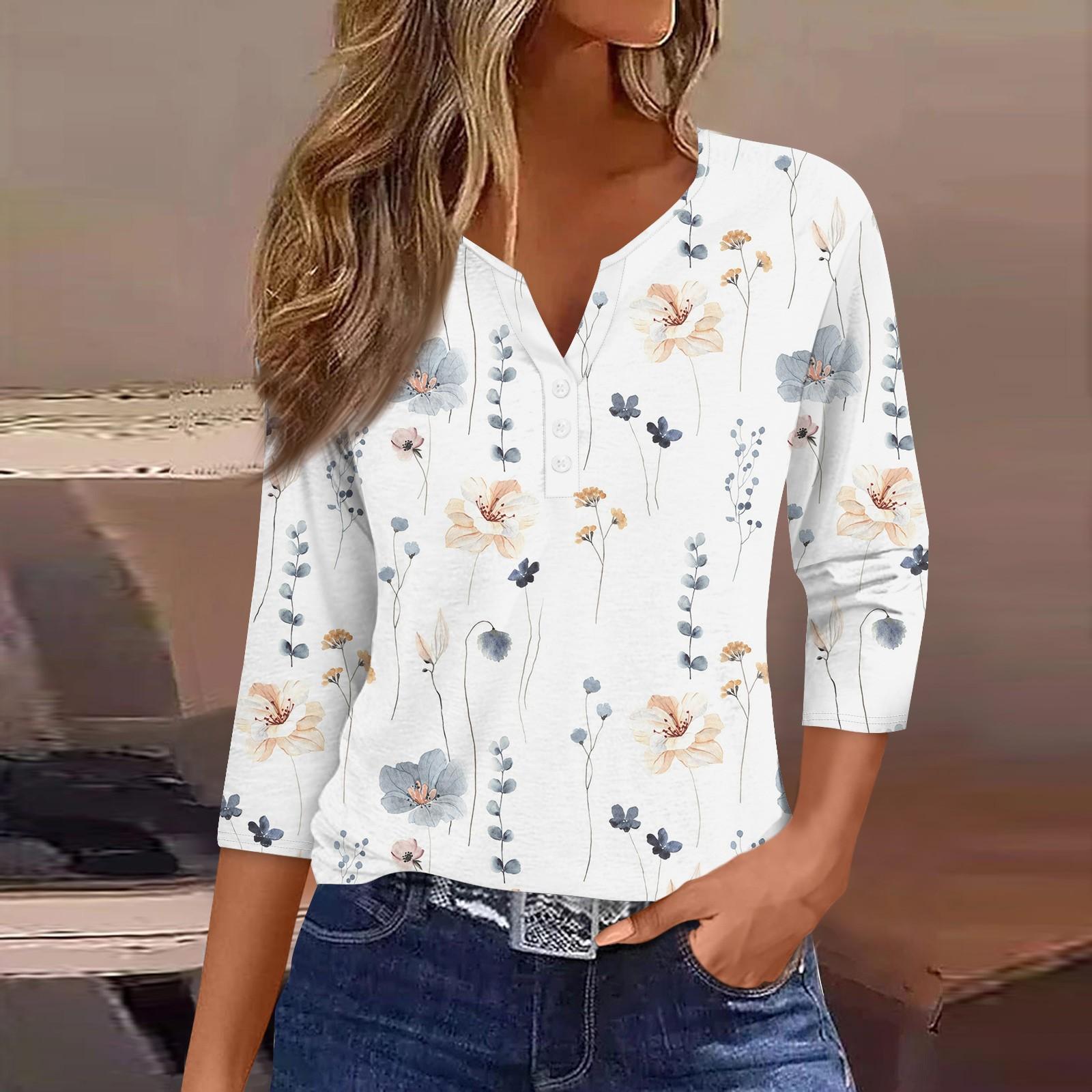 

Жен. Футболка Футболка С принтом Пуговицы Рукав 3/4 Повседневные Выходные Мода Классический Классический V-образный вырез Обычный Верх XL белый