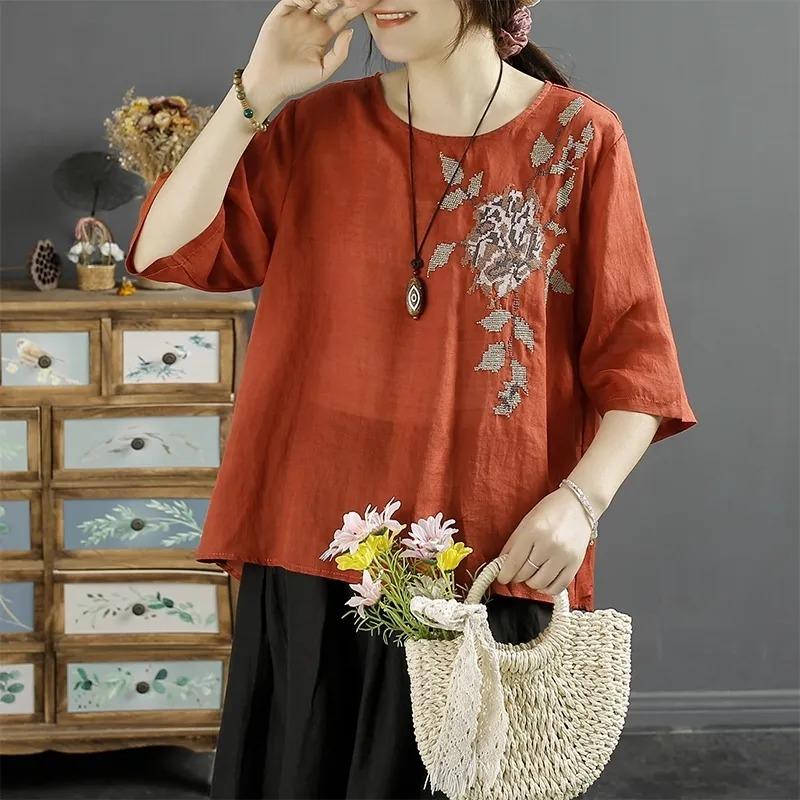 Literary Embroidery Retro Cotton Linen Summer Short Sleeve New T-shirt Loose Round Neck Pullover Top