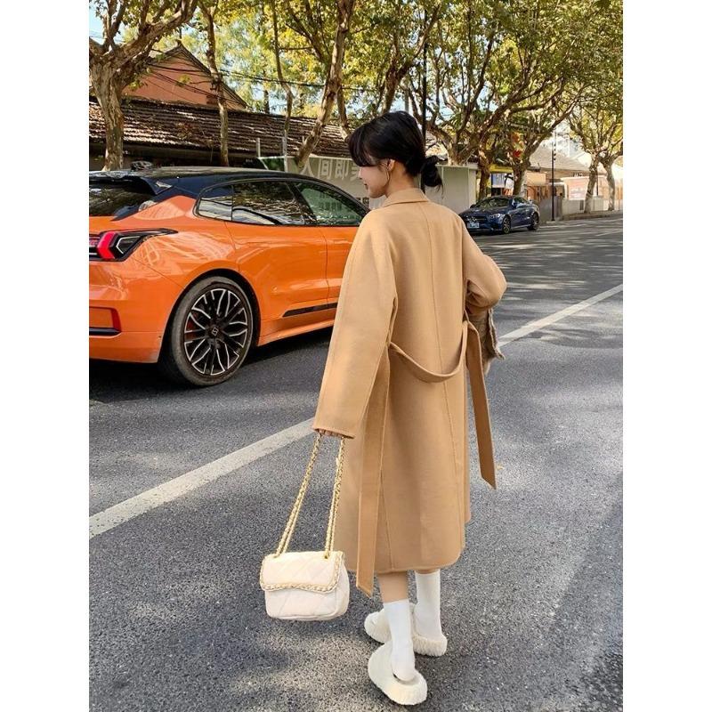 Solid Color Woolen Coat Mid-length Women's Autumn and Winter All-match Internet Celebrity Thickened Hong Kong-style Loose Woolen Coat