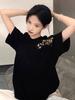 Women's Black Cotton Short-Sleeve T-Shirt - 2025 Summer American Loose Fit with Unique Straight Shoulder Design