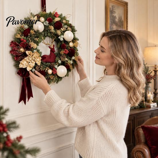 Luxurious Holiday Wreath for Entrance Flocked Christmas with Red Reindeer, Velvet Flocking Hanging Artificial Pine Durable Winter Porch Cones,