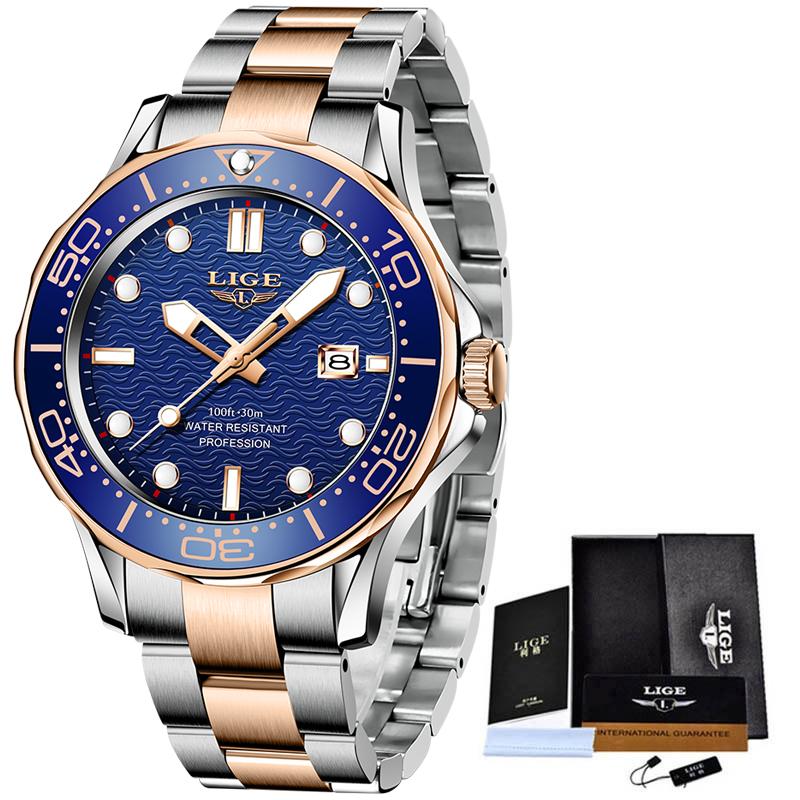 LIGE Top Brand Luxury Watch For Men Stainless Steel Waterproof Clock Sport Watches Mens Quartz Wristwatch Relogio Masculino