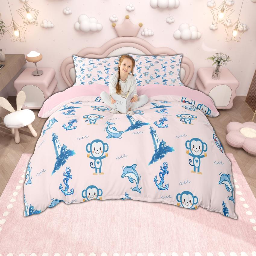 Homewish Cartoon Monkey Duvet Cover Set For Kids Woodland Wildlife Quilt Cover Set Cute Animal Bedding Set