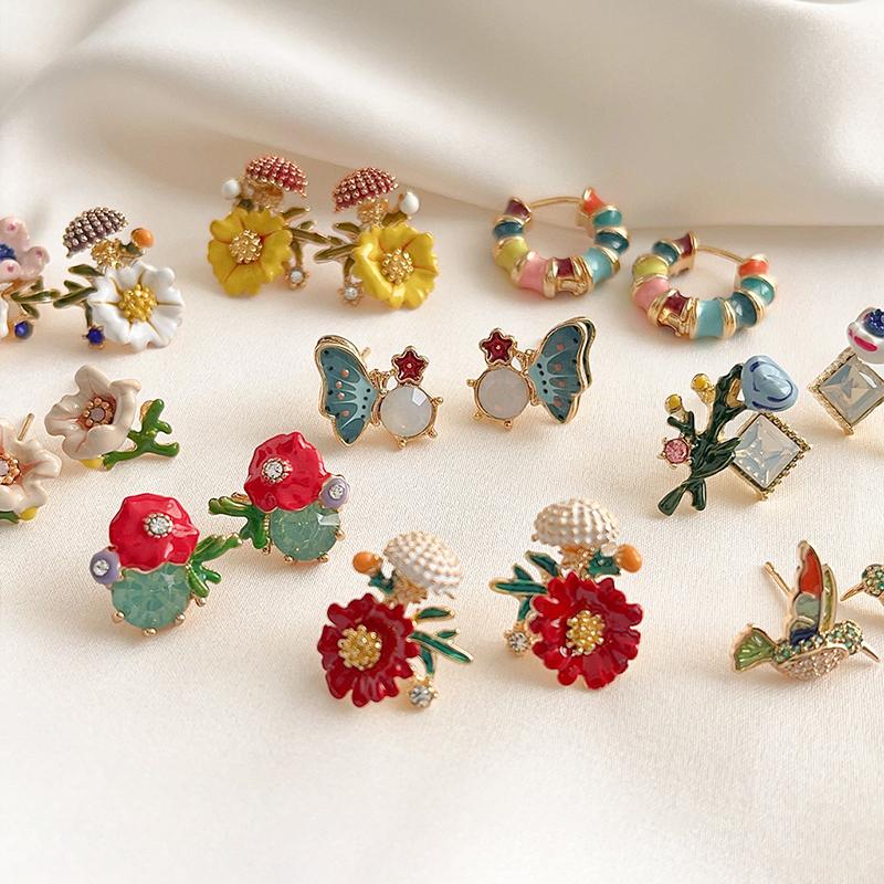 Dripping Enamel Flower Series Real 925 Silver Gold Plant Stud Earrings For Women Small Niche Accessories