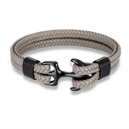 Men Titanium Steel Bracelet Black Cowhide Woven Anchor Leather Rope Bracelet