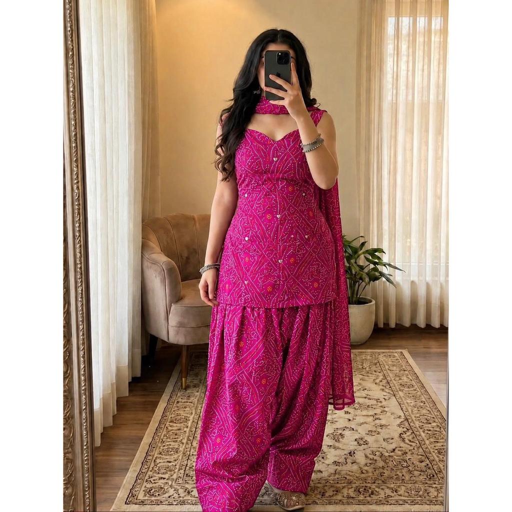 Beautiful Bandhni Printed Farshi Salwar Suit Indian Women Designer Salwar Kameez