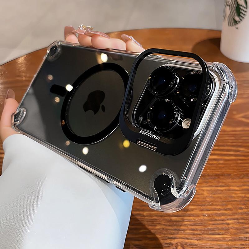Luxury Transparent Case For iPhone 17 Air 16 15 14 13 12 Pro Max Plus 16Pro Magsafe Wireless Charge Clear Cover &Stand Holder