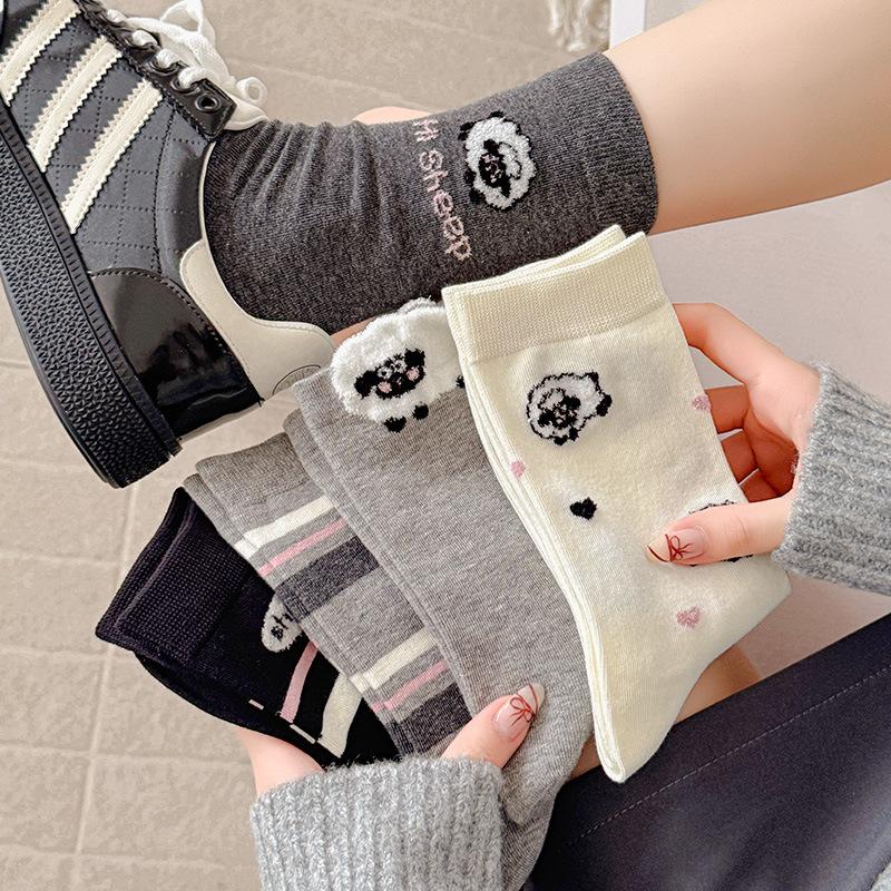 Female Spring and Autumn Lovely Assorted Cartoon Floss Lamb Striped Boneless Tube Pile Socks