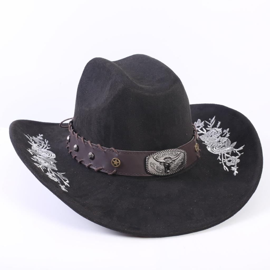 Popular European and American Classic Suede Western Cowboy Hat Men's and Women's Big Brim Embroidered Outdoor Sun Hat