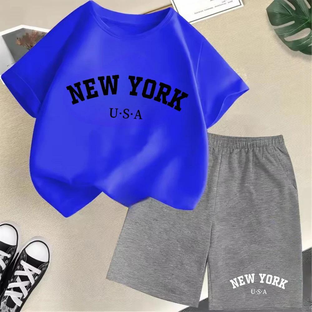 2026 New Kids Boys Girls New York Letter Pattern Polyester T-shirt+Shorts 2-Piece Set Casual Daily