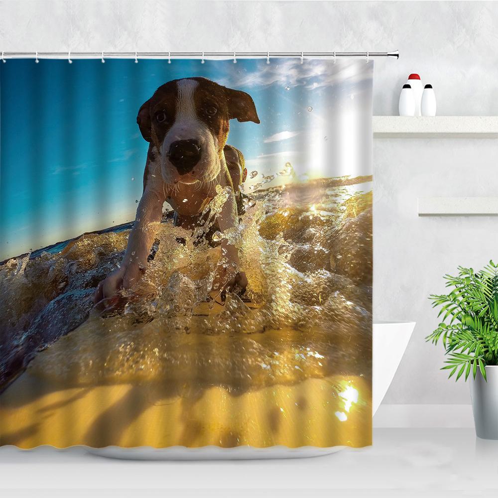 Waterproof Bathroom Shower Curtains Funny Animals Dog Bulldog Pet Pattern 3D Printing Fabric Bath Screens Hanging Curtain Decor