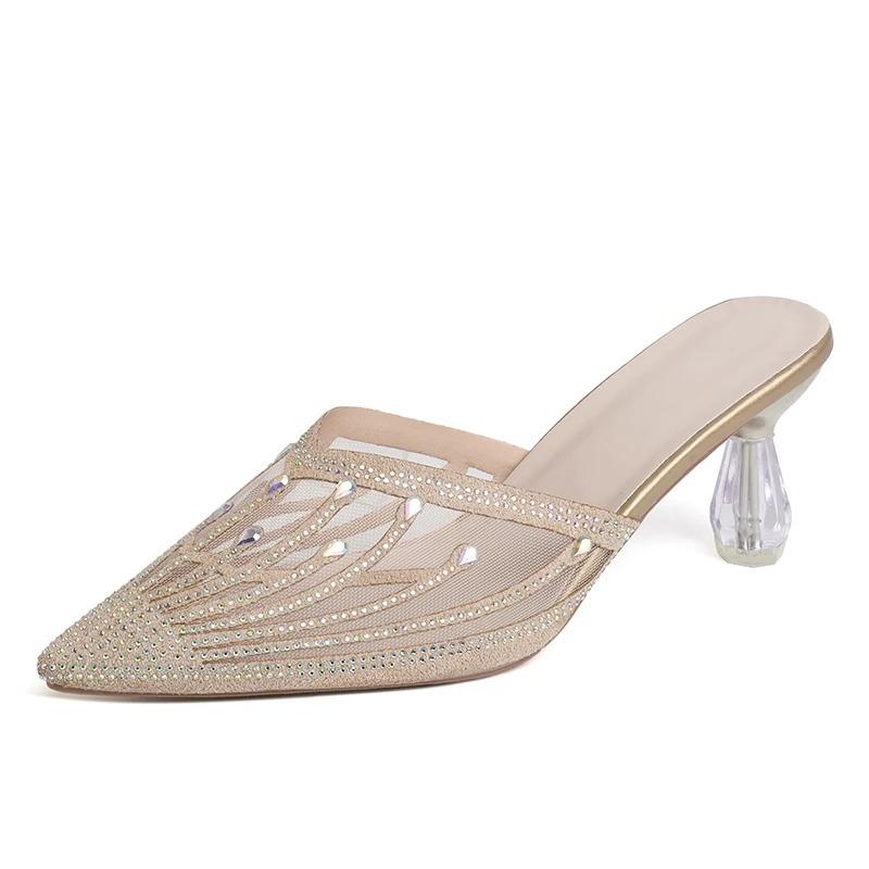 Fashion 2024 Summer New Mesh Diamond Slippers for Women's Fashion Outwear Pointed Crystal Heel High Heel Slippers
