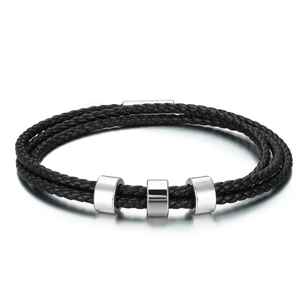 Factory natural stone beaded multi-layer leather rope bracelet men's woven leather men's titanium steel bracelet custom LOGO