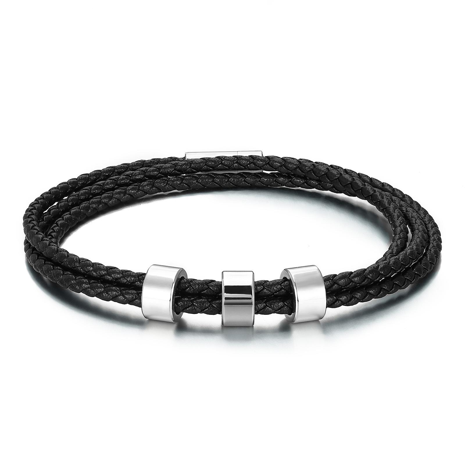 Factory natural stone beaded multi-layer leather rope bracelet men s woven leather men s titanium steel bracelet custom LOGO