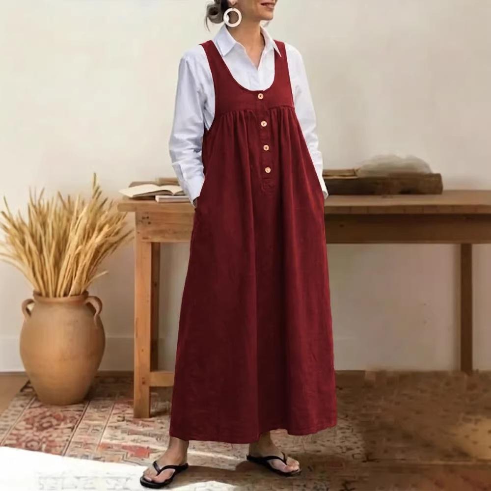 2026 Europäisches und Amerikanisches Einfarbiges Knopf-Träger Ärmelloses Freizeitkleid