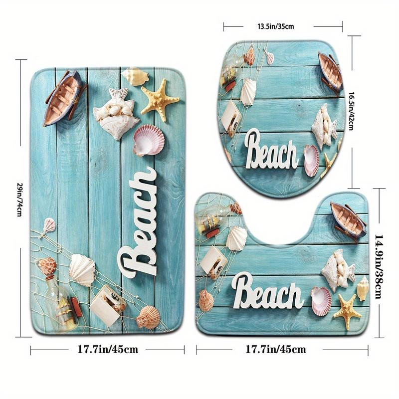 Modern Simple Wood Grain Shell Boat Bathroom Floor Mat Set 3pcs Non-Slip Absorbent Toilet Lid Cover and U-Shaped Rug
