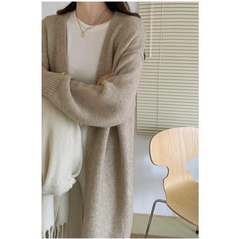 Autumn Winter Knitted Cardigan Women Medium and Long Sweater Jacket Gentle Loose Simple V Neck Cardigans Solid Color Office Coats Long Sleeve Clothing