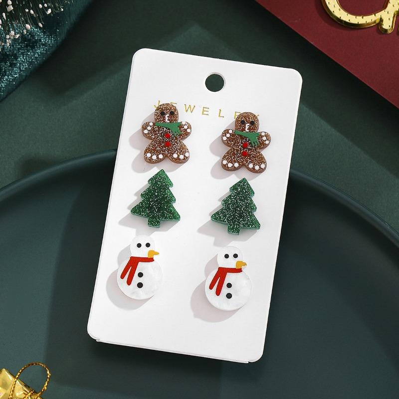 Pair Christmas Combination Stud Earrings Set Earrings Snowman Gingerbread Man Christmas Tree Ear Ornament Earrings