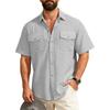 Men's Short Sleeve Linen Work Shirt - Lightweight Breathable, Two Pockets, Collar, Relaxed Fit