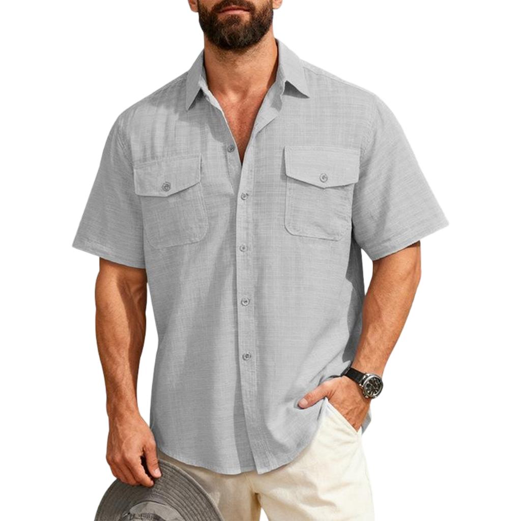 Men's Short Sleeve Linen Work Shirt - Lightweight Breathable, Two Pockets, Collar, Relaxed Fit