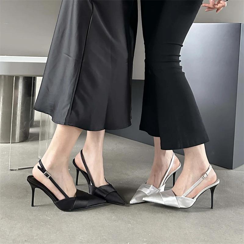 Eilyken Silk Pointed Toe Buckle Strap Women Pumps Elegant Thin High Heels Sandals Sexy Party Stripper Mules Shoes