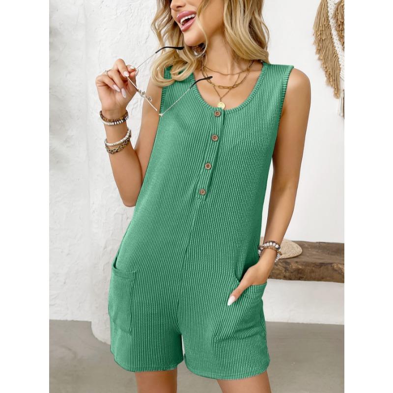 2025 Summer Sleeveless Buttons Casual Vest Jumpsuit Women Shorts O Neck Pockets Fashion Elegant Solid Color Office Simple Playsuits Women's Clothing
