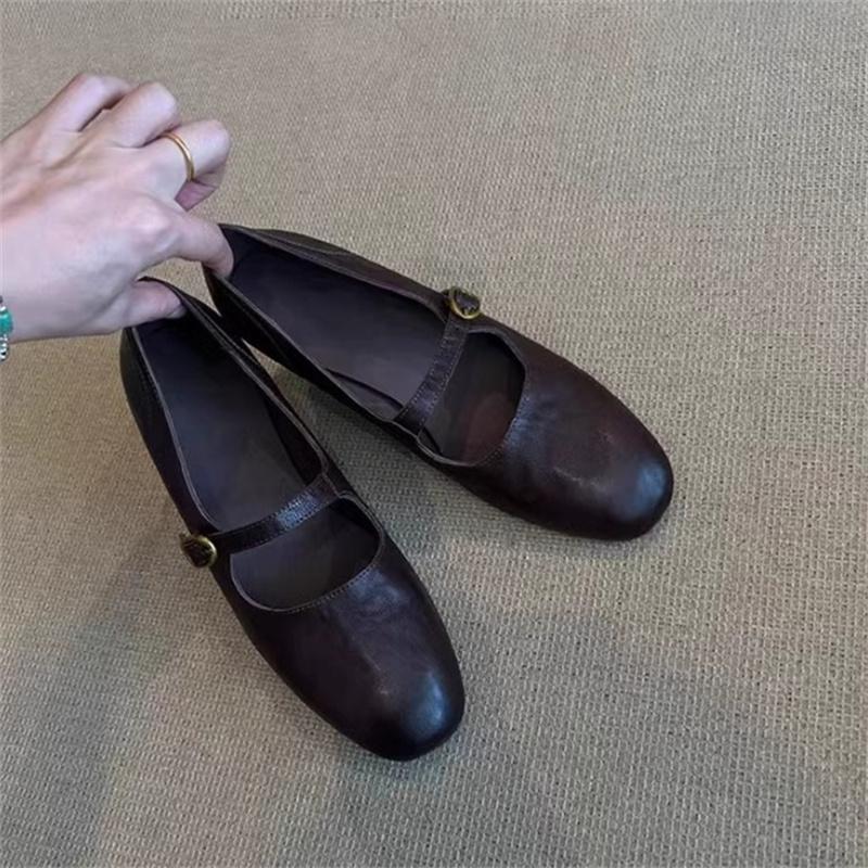 Shallow Mouth Genuine Leather Women's Shoes Flat Mary Jane Shoes Women Retro Simple Low Heel Shoes