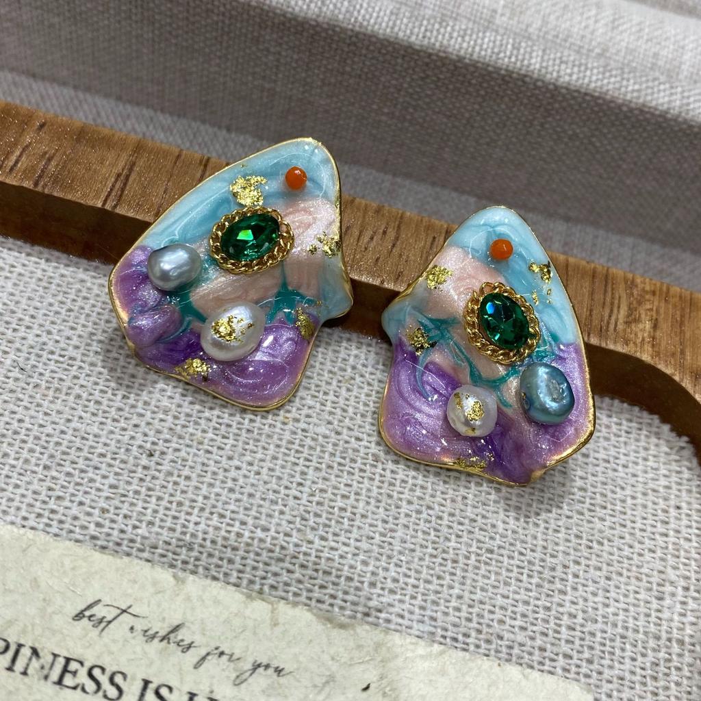 Freshwater Dripping Oil Flower Fritillary Stud Earrings French Fashion Light Luxury Temperament Earrings Light Luxury High Sense Oil Painting Earrings