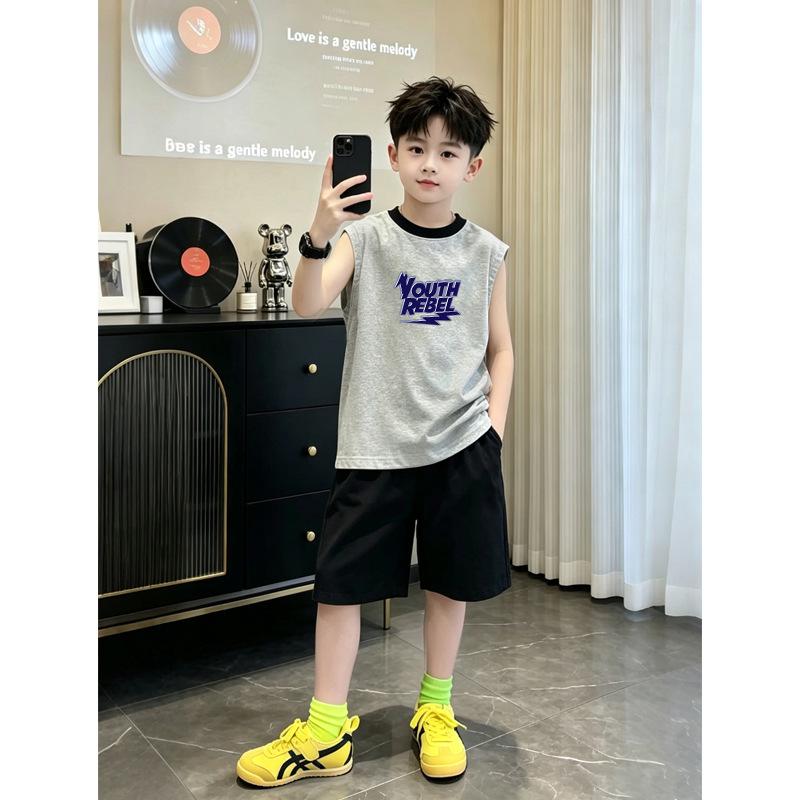 Korean Style Boys' Color Block Cartoon Vest Set - Summer Sleeveless Round Neck Top for Medium and Large Kids