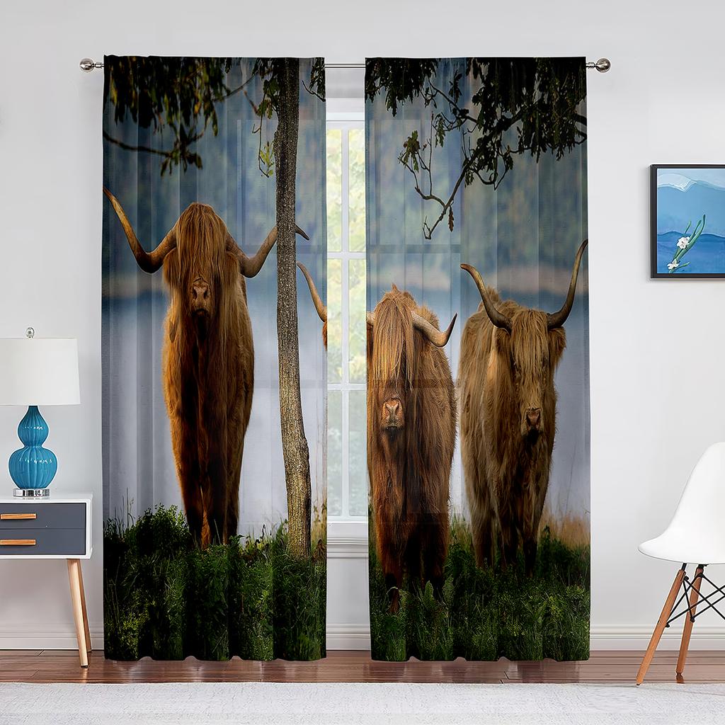 Highland Cow Sheer Voile Curtain Farmhouse Western Cattle Bull Window Tulle Curtains for Living Room Bedroom Kitchen Decoration