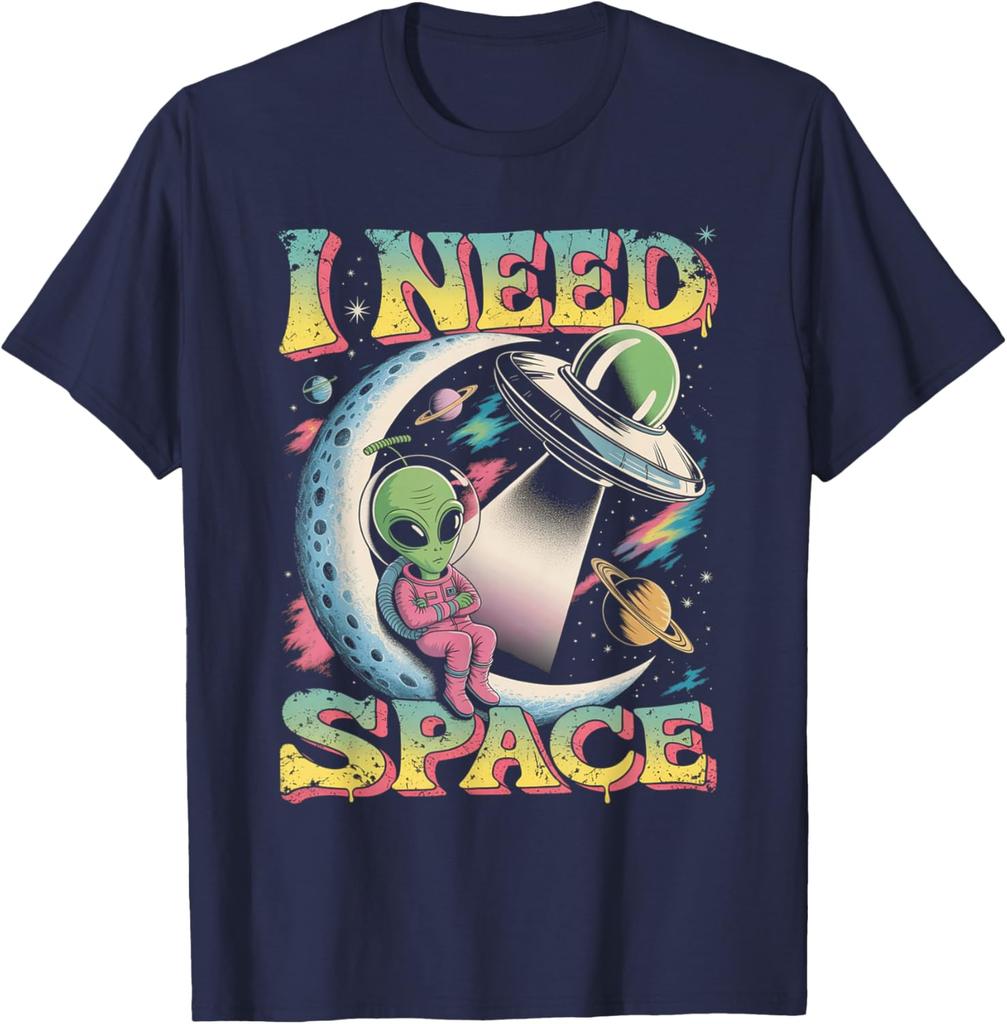 Alien Ich brauche Platz Retro Mond Sitzendes UFO Grafik T-Shirt Baumwolle Lässig Reise T-Shirt