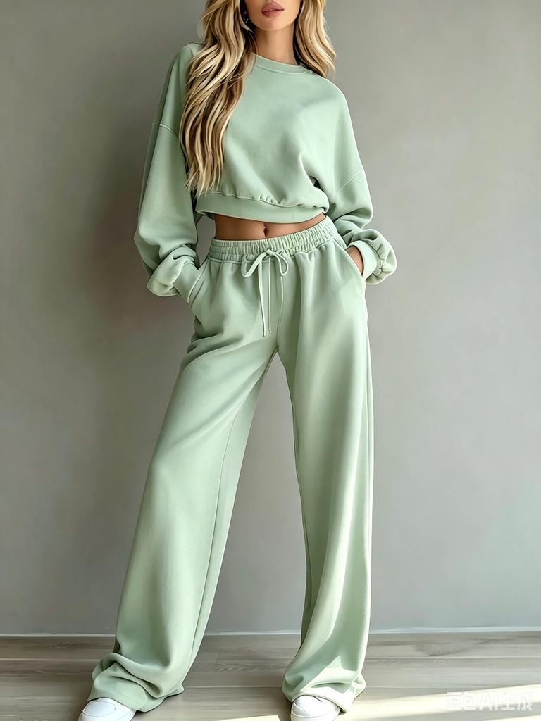Women Tracksuit Set Long Sleeve Crop Top And High Waist Sweatpants Casual Loose Fit Loungewear Two Piece Set