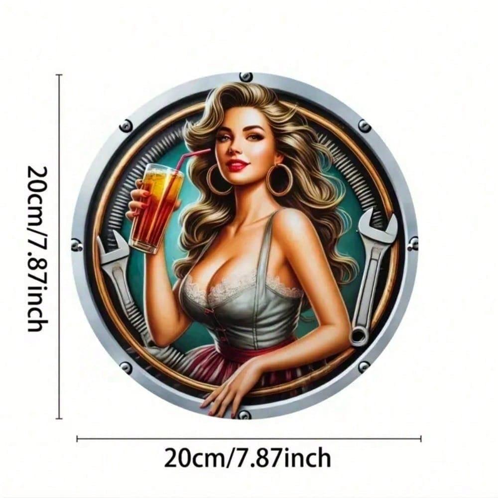 Retro Pinup Girl Metal Wall Sign Vintage Round Aluminum Plaque for Garage Man Cave Bar Home Decor Weatherproof