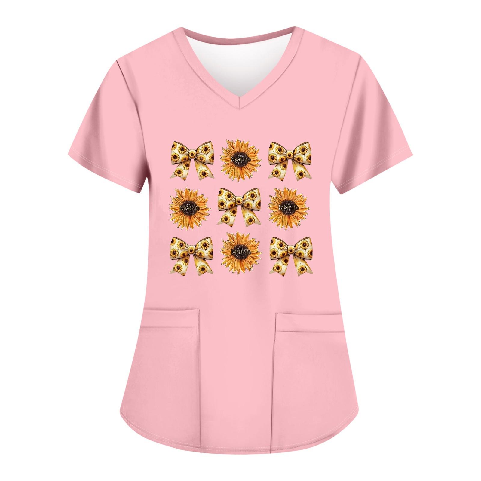 

Женские модные топы с короткими рукавами и V-образным вырезом с принтом, рабочие футболки с карманами XL розовый