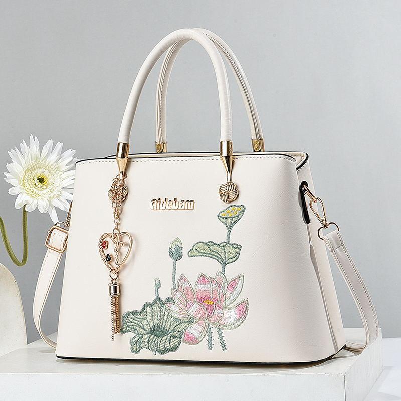Women Embroidery Lotus Pattern Shoulder Bag Large Capacity Tote Handbag