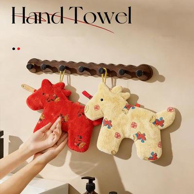 Cartoon Horse Hand Towel Coral Fleece Chinese New Year Home Kitchen Wipes Horse Thickened Hanging Absorbent Towels